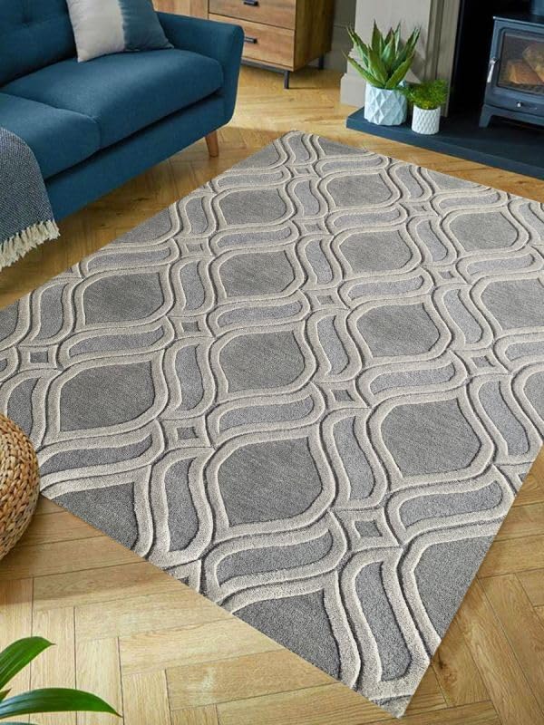 ZORA CARPET Grey Handmade Tuffted Blended Pure Woollen Carpet for Living Room B...