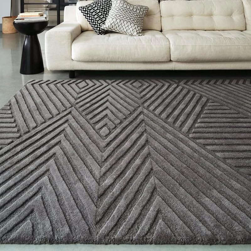 Hand Tufted Modern Design Exported Collection High Low Pattern Wool Carpet for Living Room, Bedroom & Hall (Charcoal, 4 x 6 Feet)