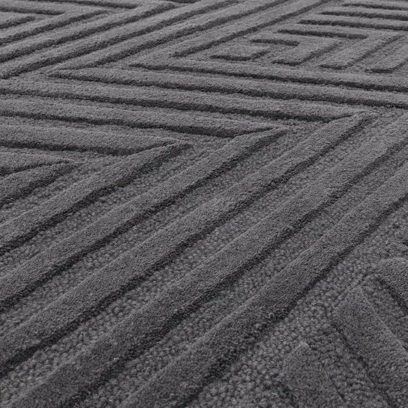 Charcoal Grey Textured Geometric Wool Rug view 3