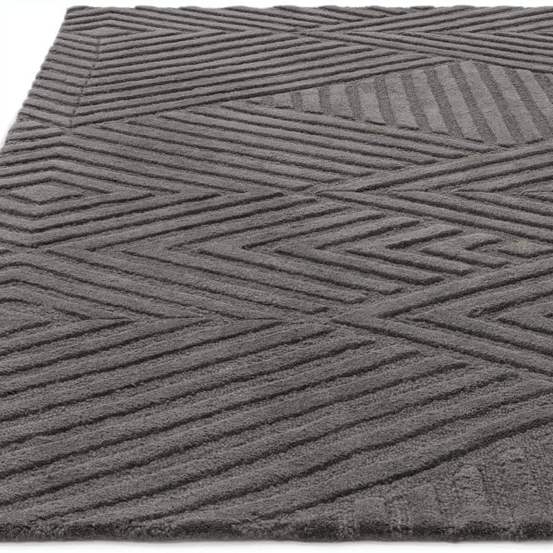 Charcoal Grey Textured Geometric Wool Rug view 5