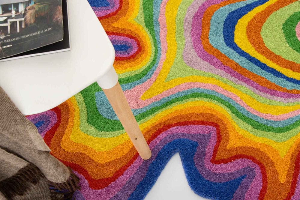 Zora Psychedelic Rainbow Wavy Rug - Hand-Tufted Irregular Shape Rug view 5