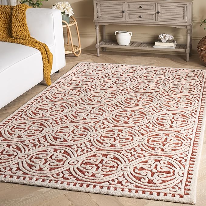 Cambridge Collection Handmade Tufted Wool Carpet for Living Room, Bedroom, Dining Room & Hall | Soft & Durable Area Rug Color (Ivory Rust)