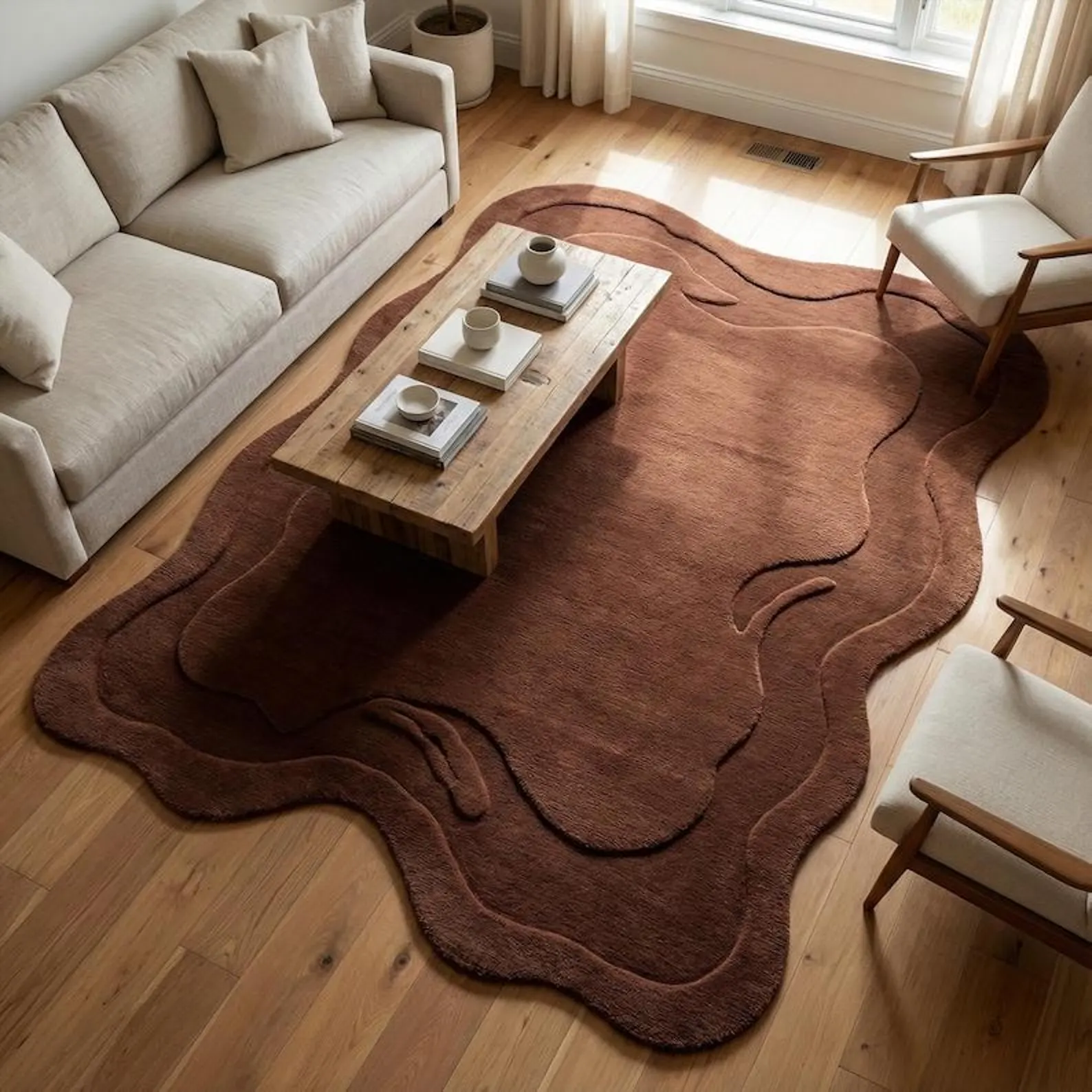 Hand Tufted New Zeeland Wool Rug, Brown Abstract Irregular Shape, Modern Area Carpet
