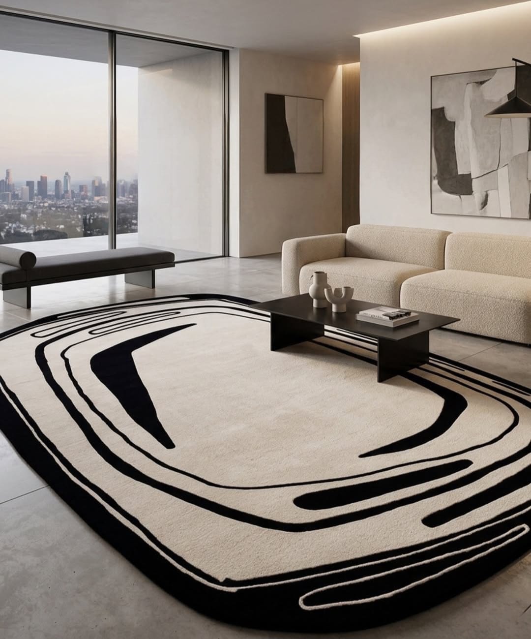 Modern Abstract Black & Ivory Hand Tufted Rug | Contemporary Designer Carpet view 2