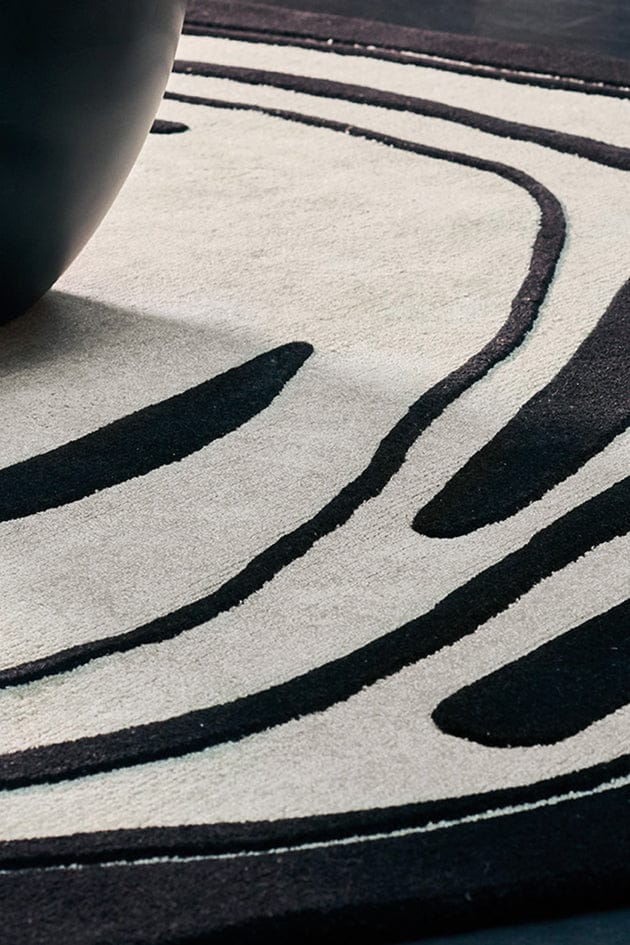 Modern Abstract Black & Ivory Hand Tufted Rug | Contemporary Designer Carpet view 3