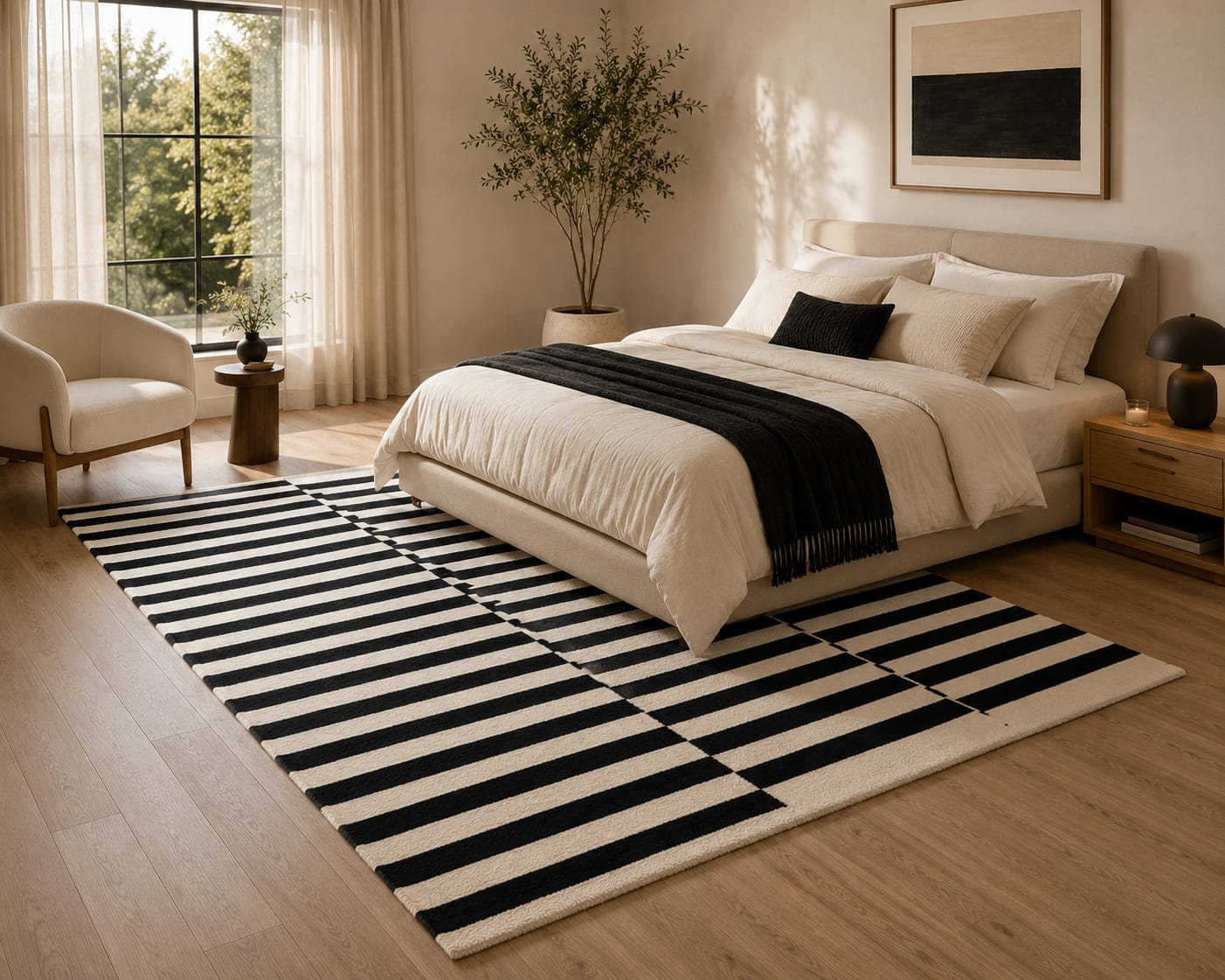 Modern Black & Ivory Geometric Striped Hand Tufted Wool Rug view 2