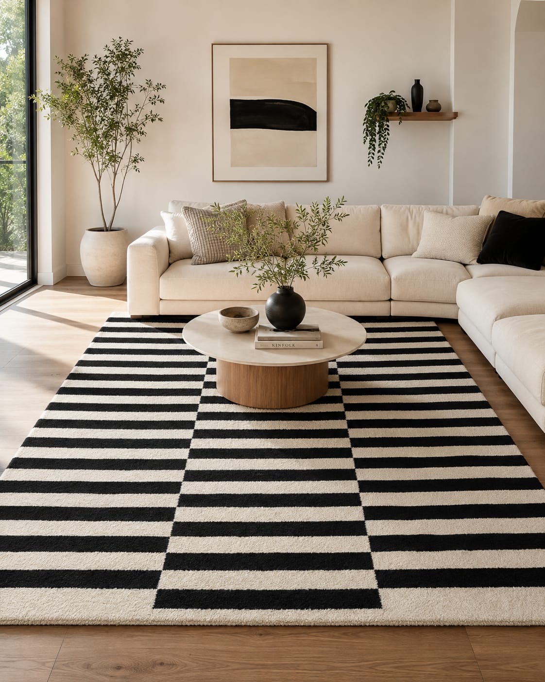 Modern Black & Ivory Geometric Striped Hand Tufted Wool Rug view 3