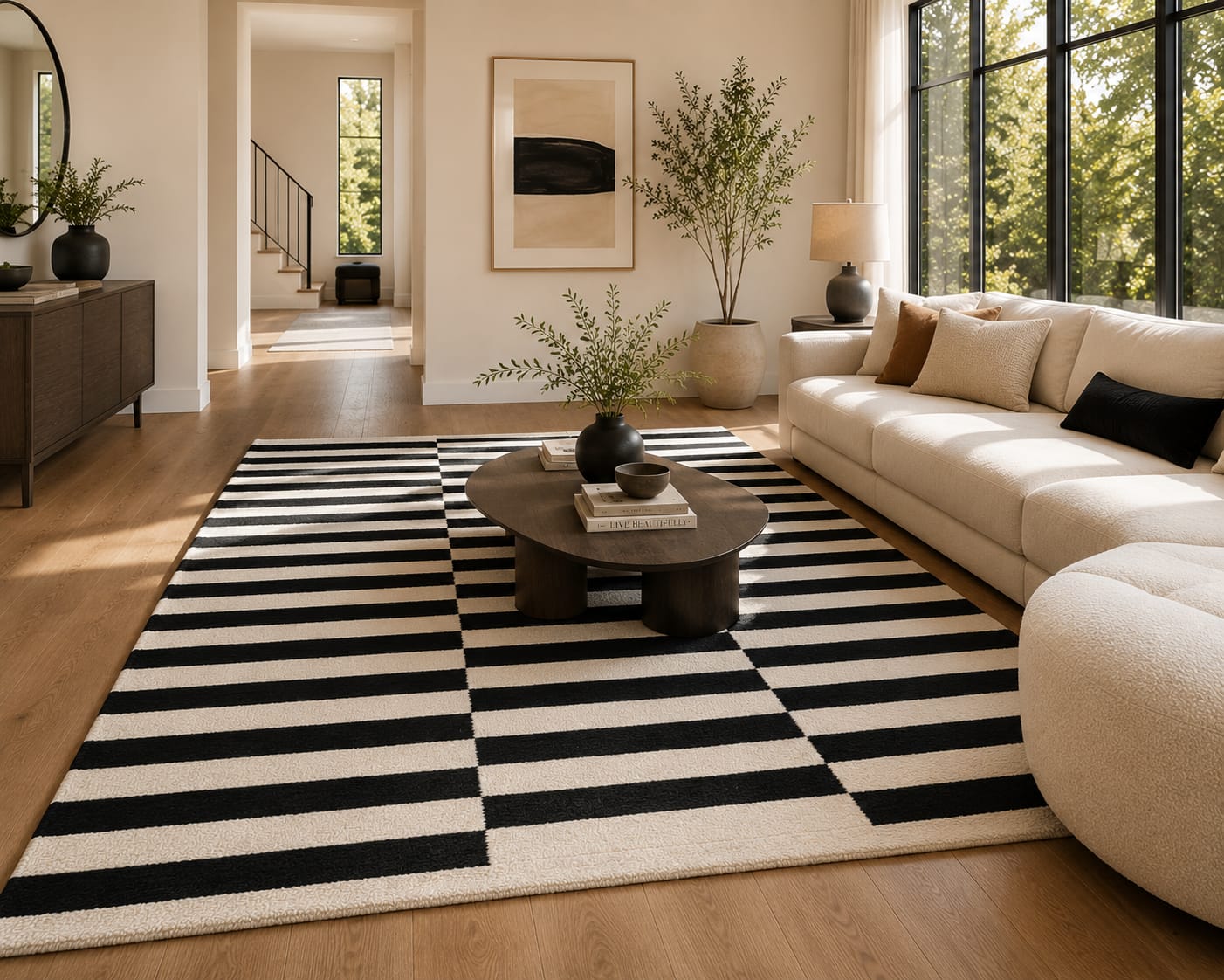 Modern Black & Ivory Geometric Striped Hand Tufted Wool Rug view 4