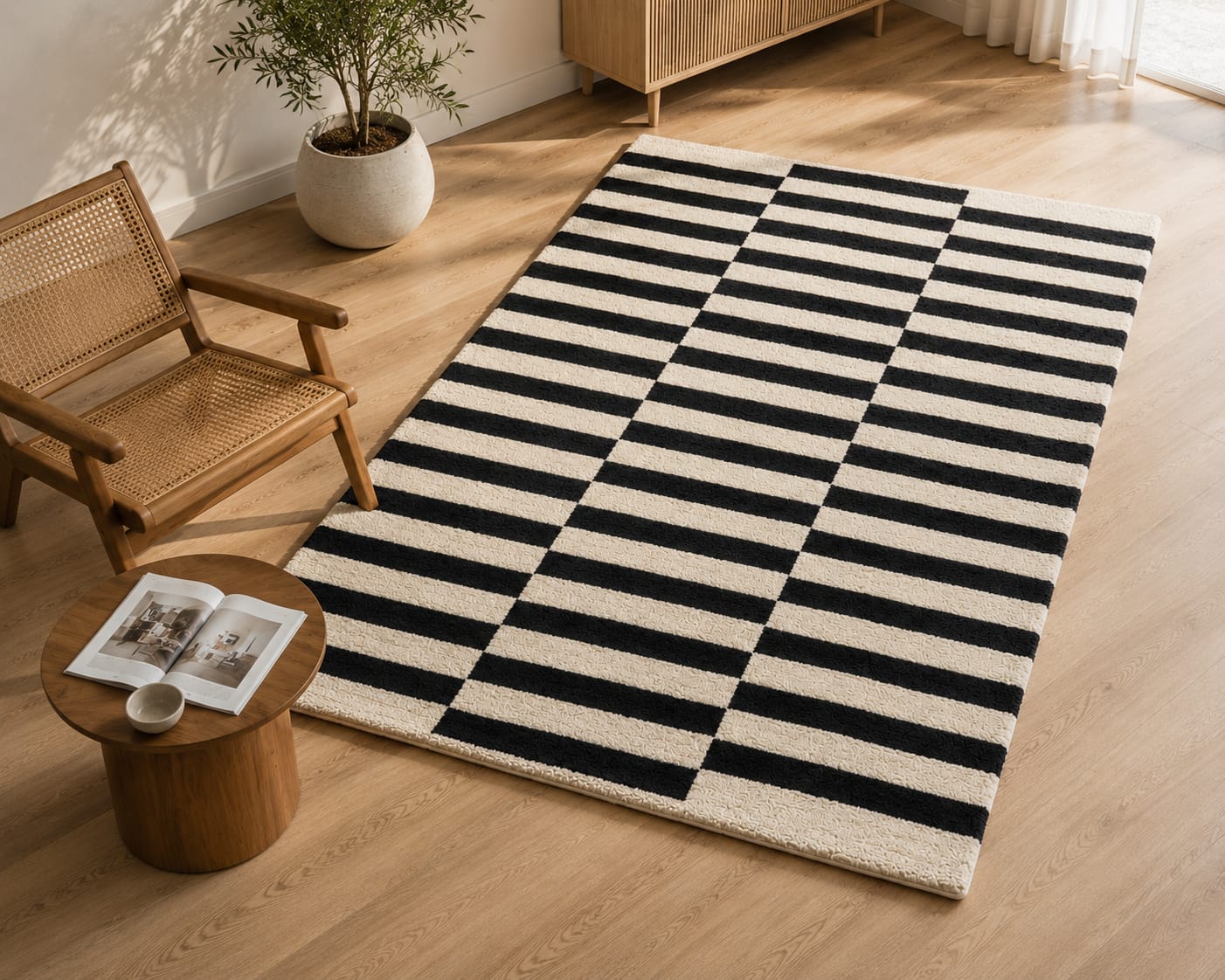 Modern Black & Ivory Geometric Striped Hand Tufted Wool Rug view 7