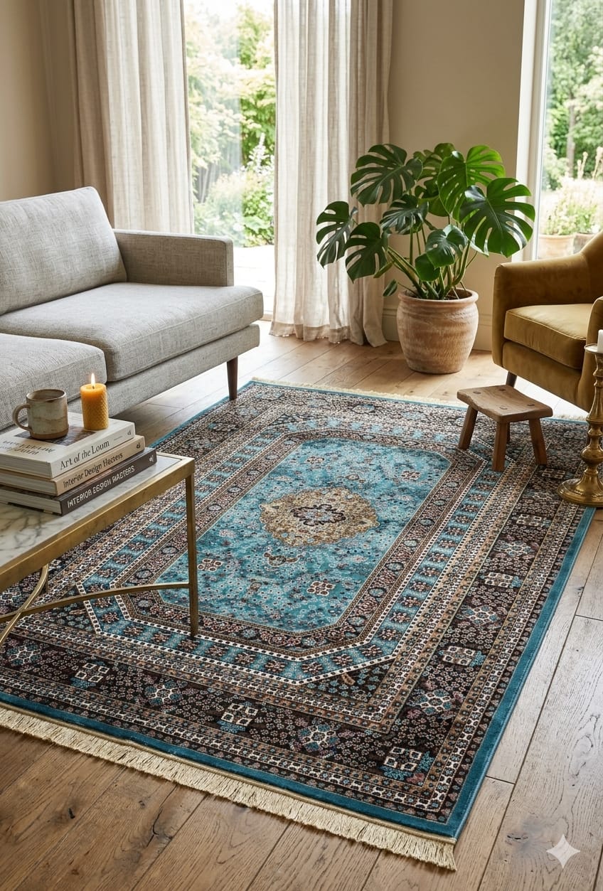 Luxury Silk Viscose Rug | Washable Persian Style Carpet - Blue view 3