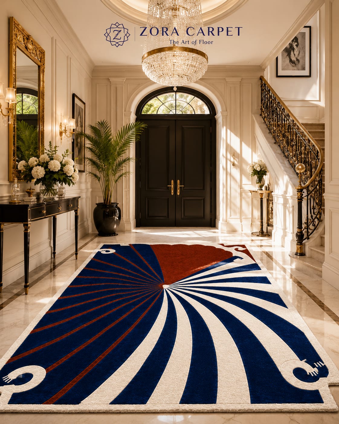 Art Deco Fan Rug-Beige & Blue-New Zealand Wool view 2