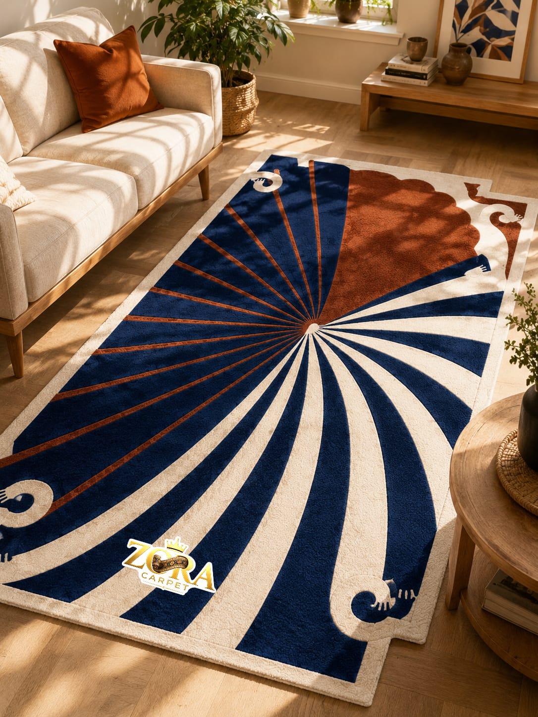 Art Deco Fan Rug-Beige & Blue-New Zealand Wool view 3