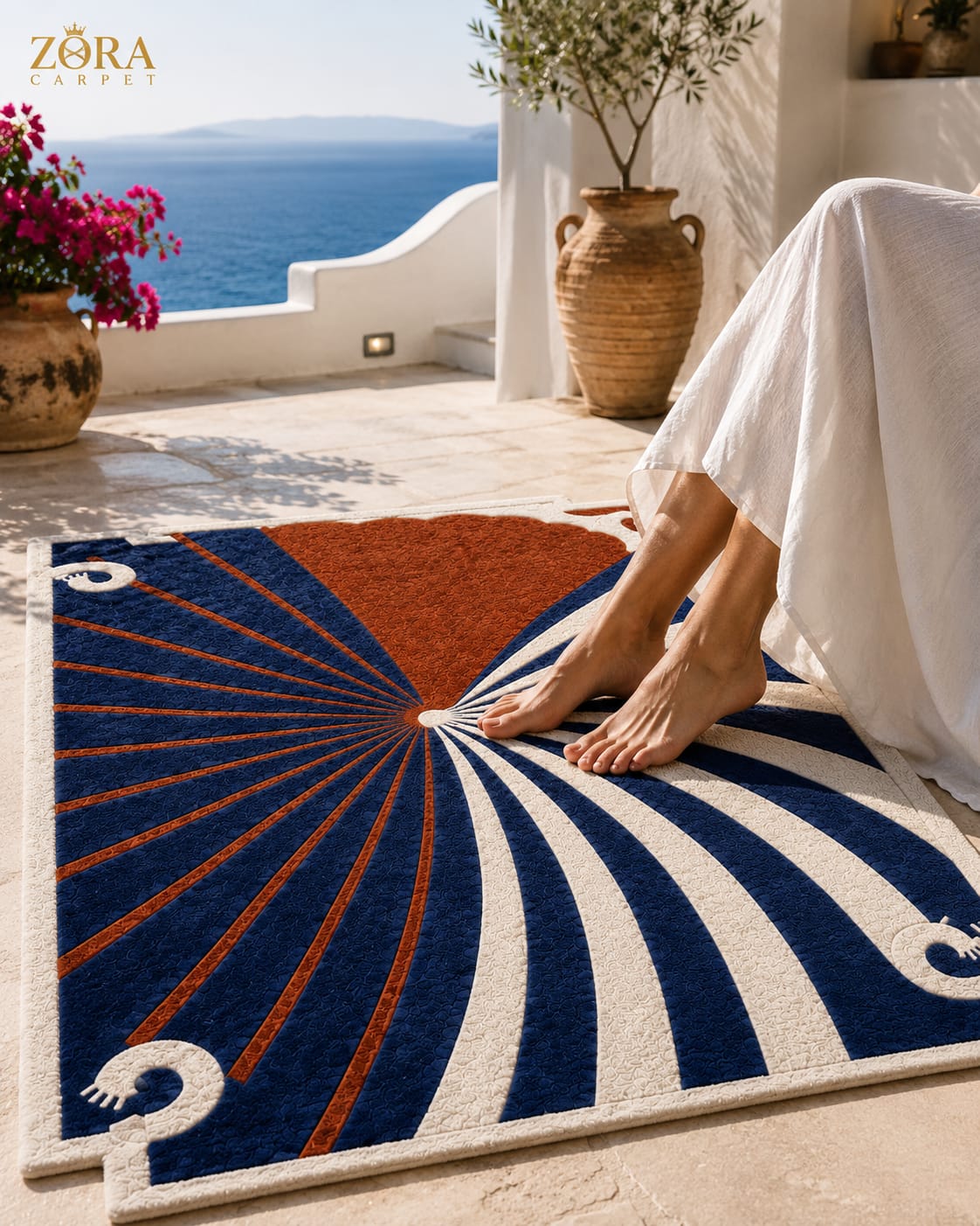 Art Deco Fan Rug-Beige & Blue-New Zealand Wool view 5