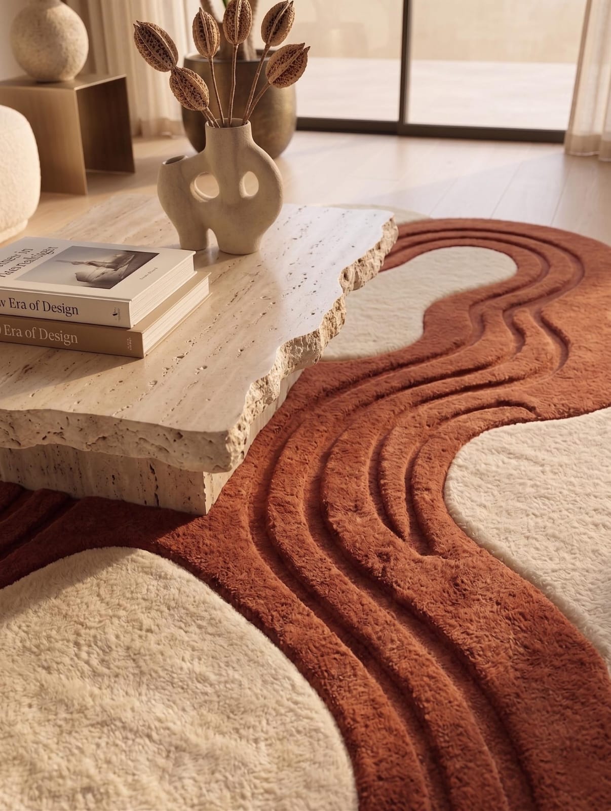 Zora Terra Flow Rug - Hand-Tufted Irregular Wool Rug Rust & Ivory view 5