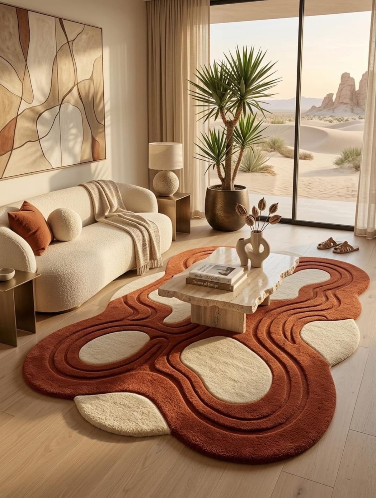Zora Terra Flow Rug - Hand-Tufted Irregular Wool Rug Rust & Ivory view 6