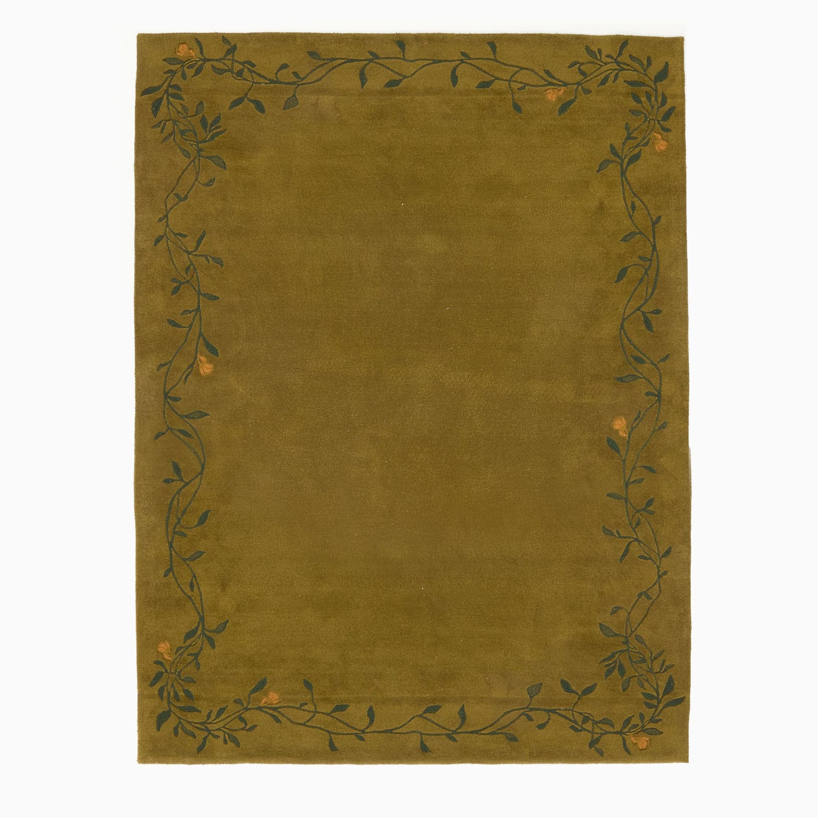 Zora Olive Vine Leaf Border Rug - Designer Ventage Floral Wool Rug