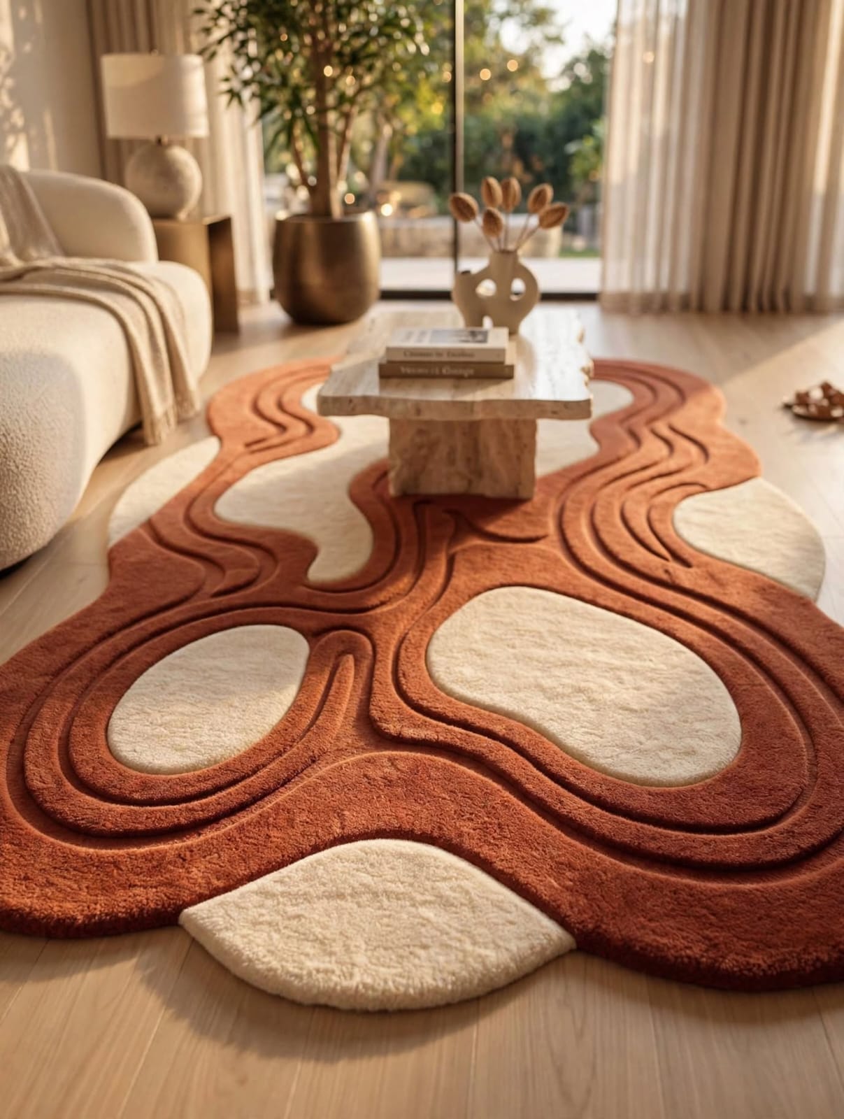 Zora Terra Flow Rug - Hand-Tufted Irregular Wool Rug Rust & Ivory view 2