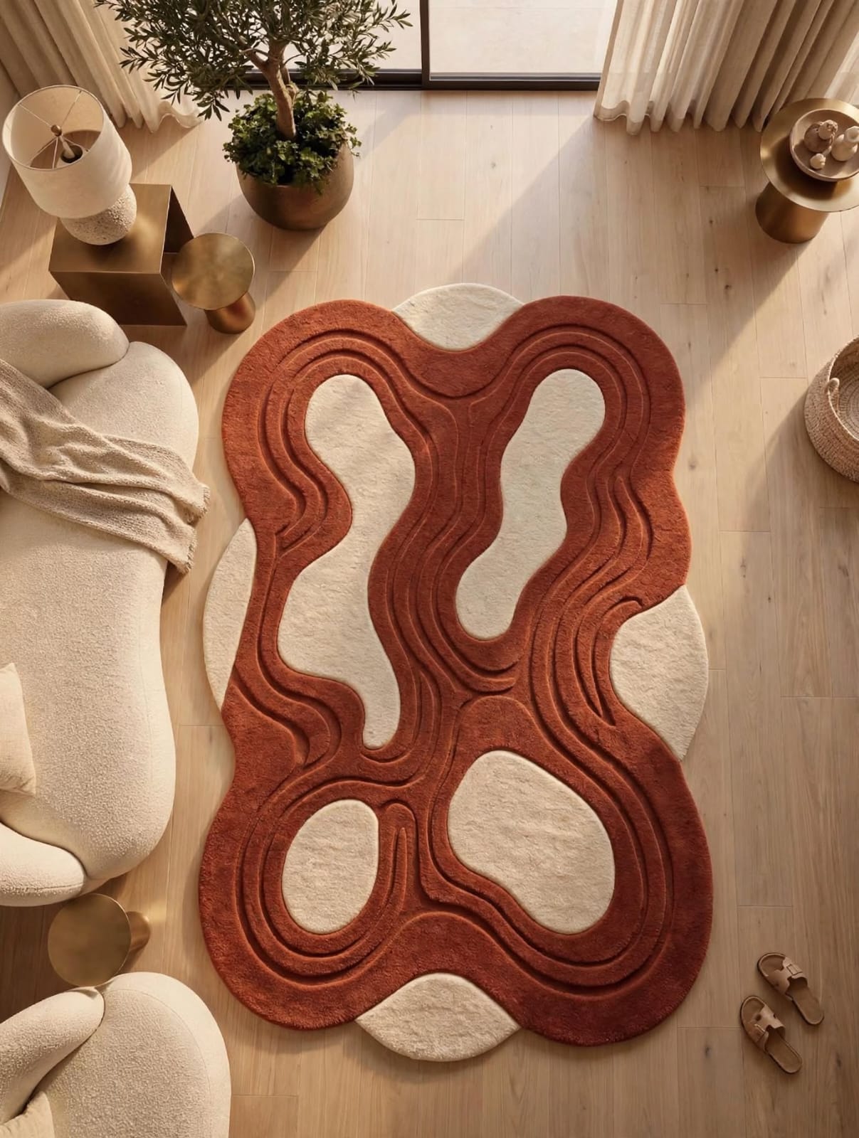 Zora Terra Flow Rug - Hand-Tufted Irregular Wool Rug Rust & Ivory view 3