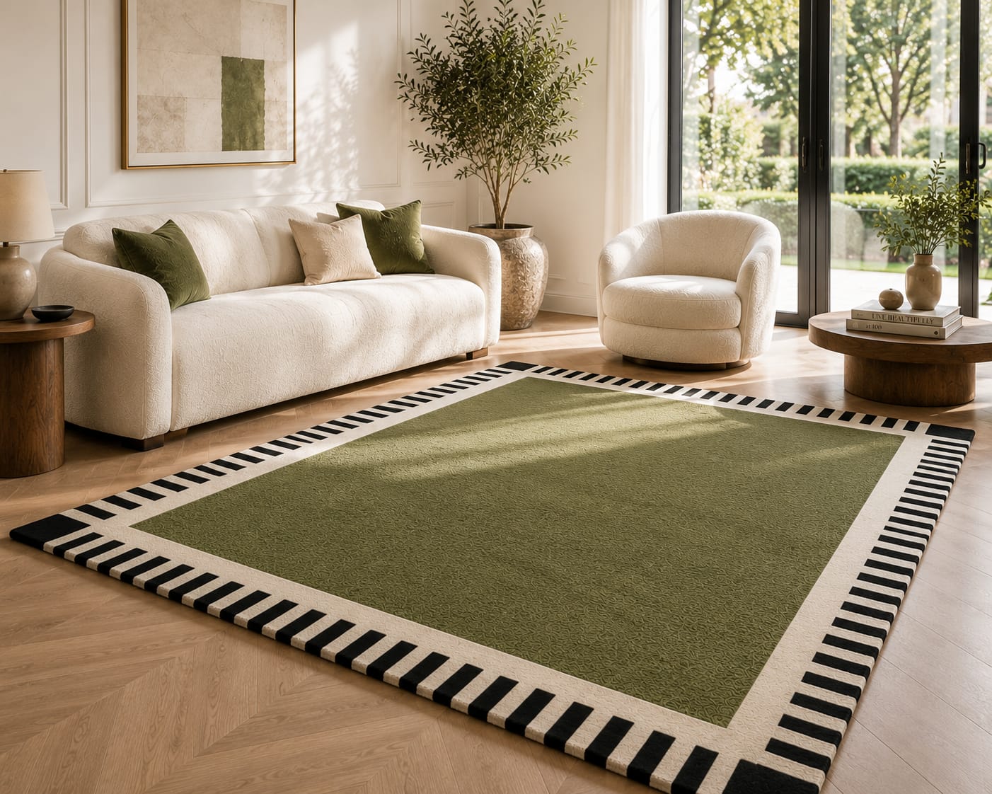Zora Olive Green Black Striped Border Hand-Tufted Wool Rug view 2