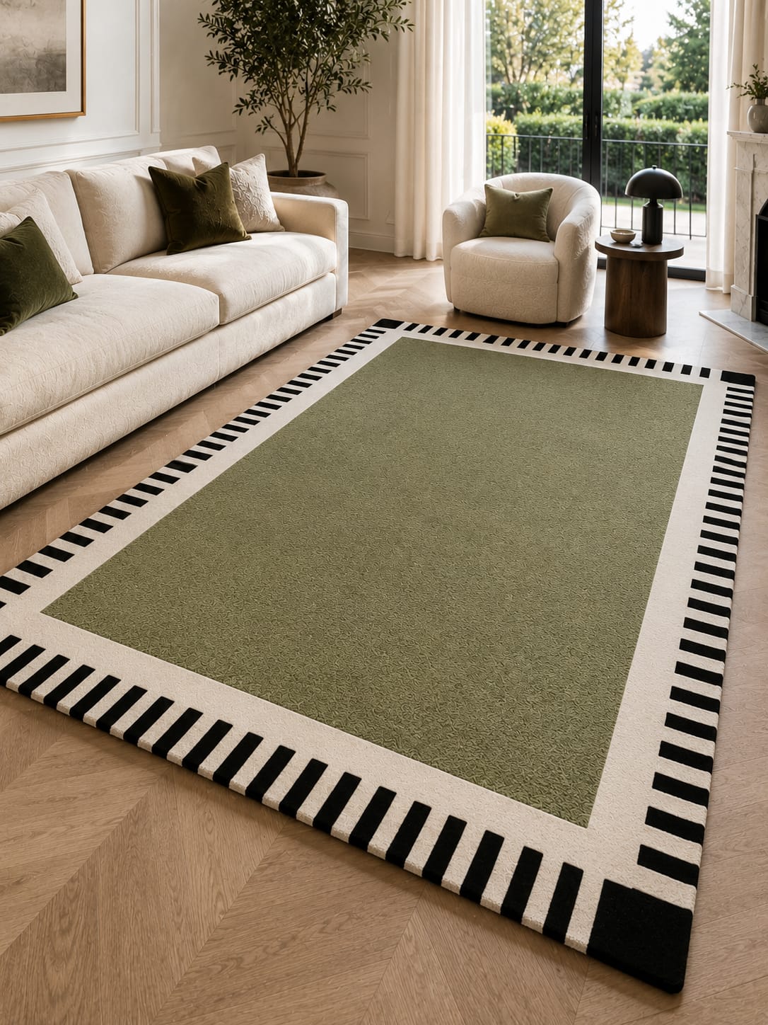 Zora Olive Green Black Striped Border Hand-Tufted Wool Rug view 4