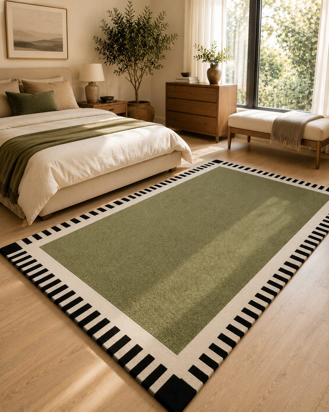 Zora Olive Green Black Striped Border Hand-Tufted Wool Rug view 5
