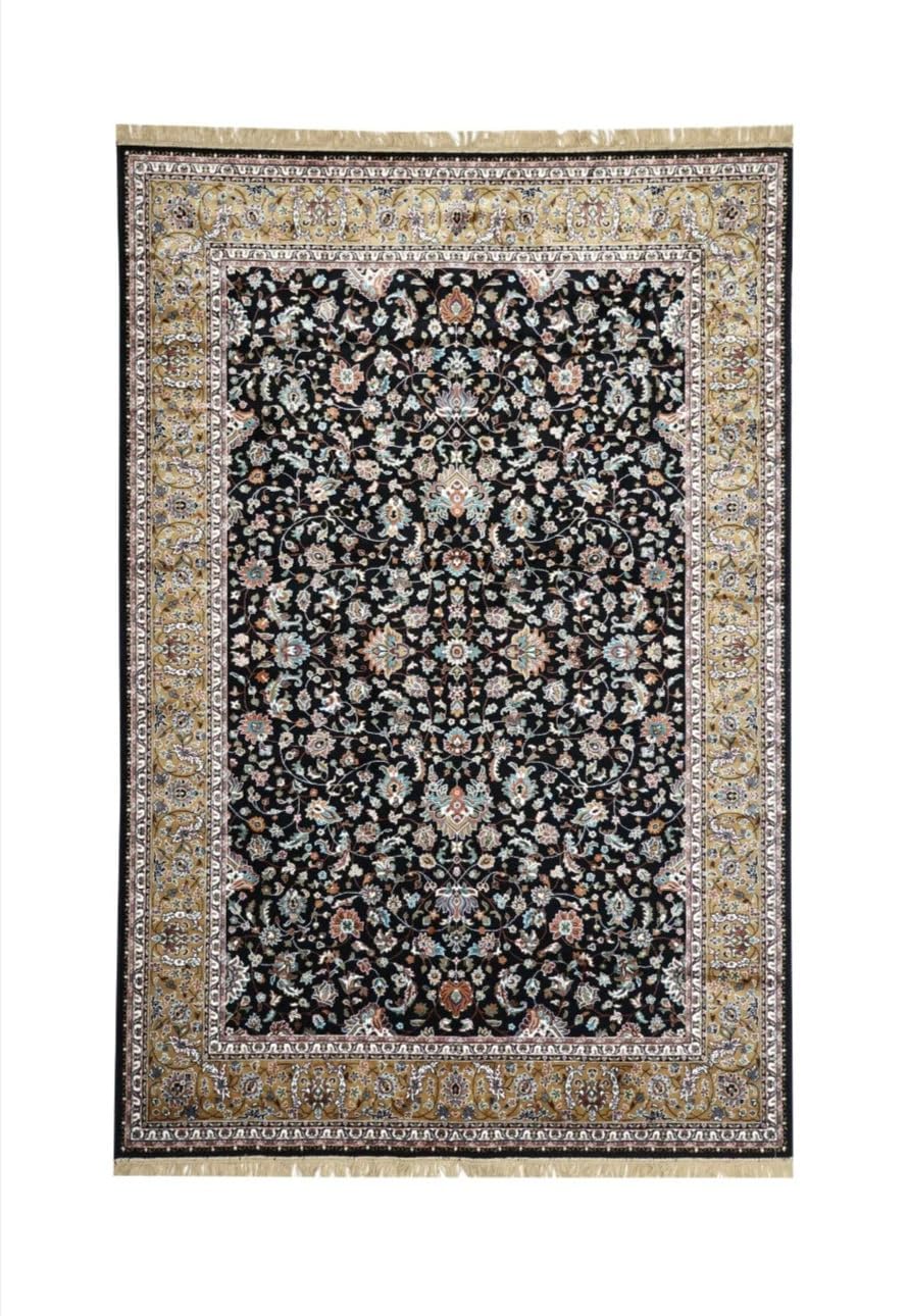 Traditional Persian Floral Viscose Silk Wool Machine-Made Washable Rug - Black & Gold
