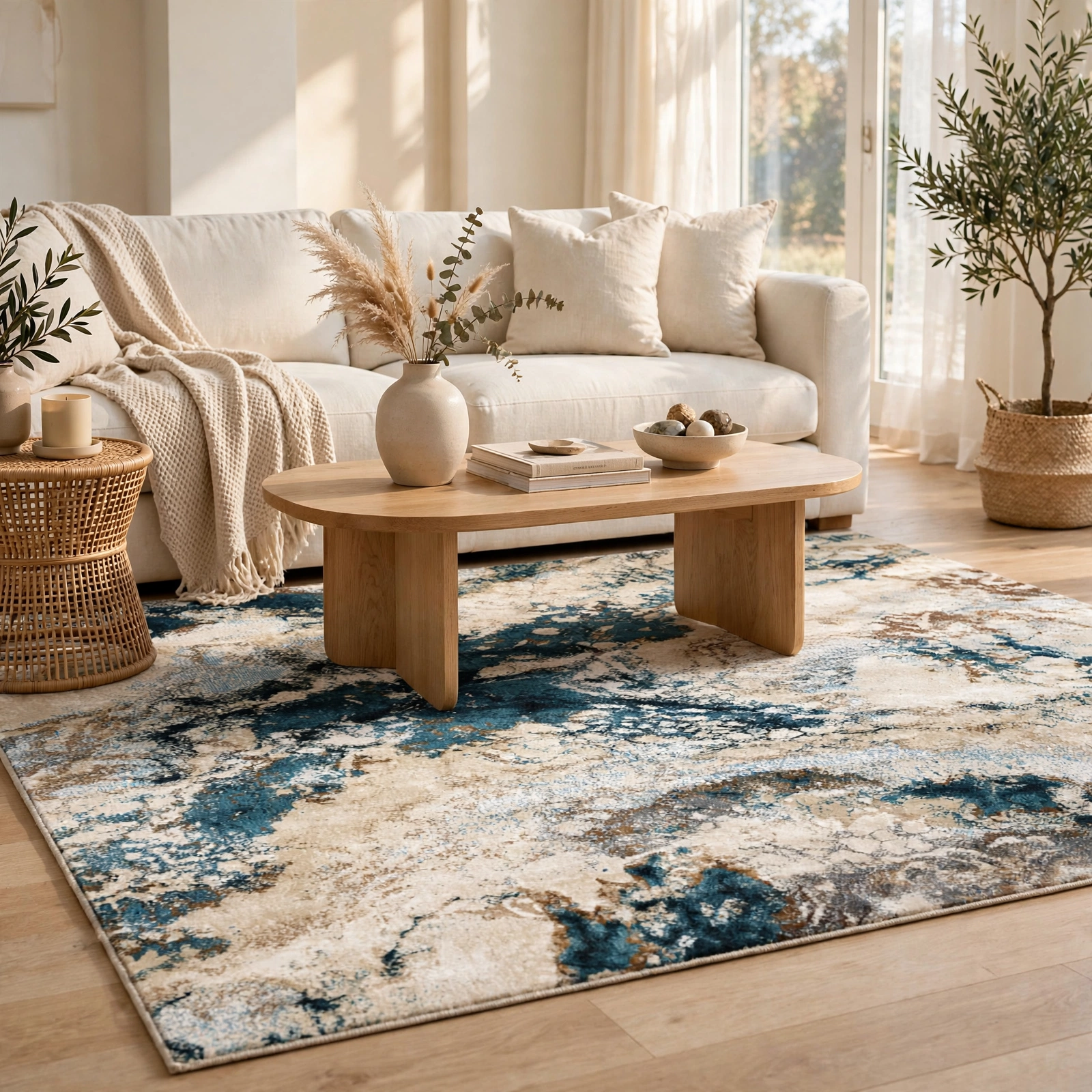 Astra-Abstract Marble Art Silk Wool Carpet | Ocean Blue view 3