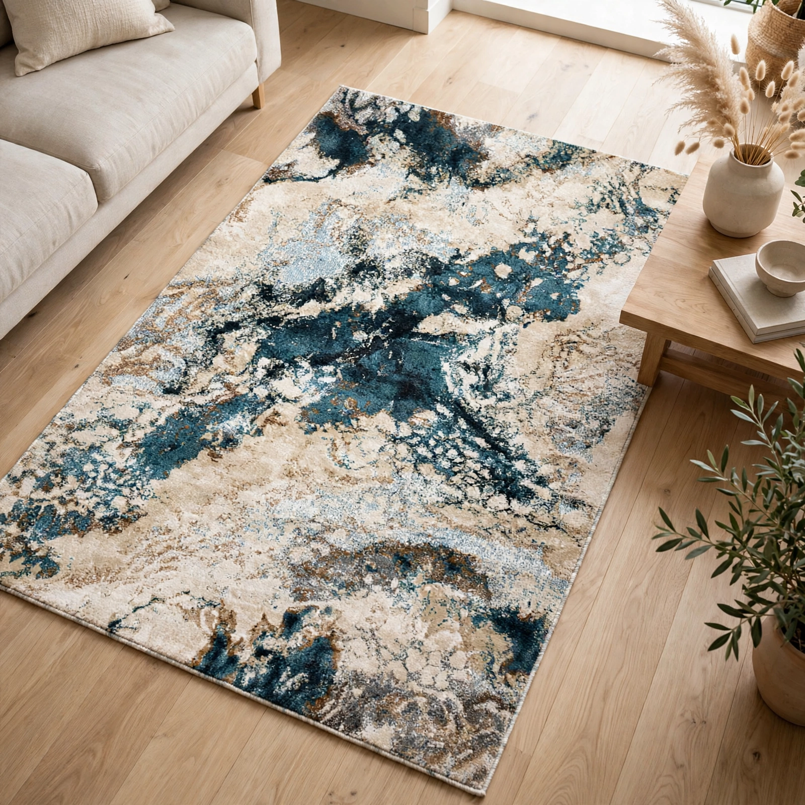 Astra-Abstract Marble Art Silk Wool Carpet | Ocean Blue view 6
