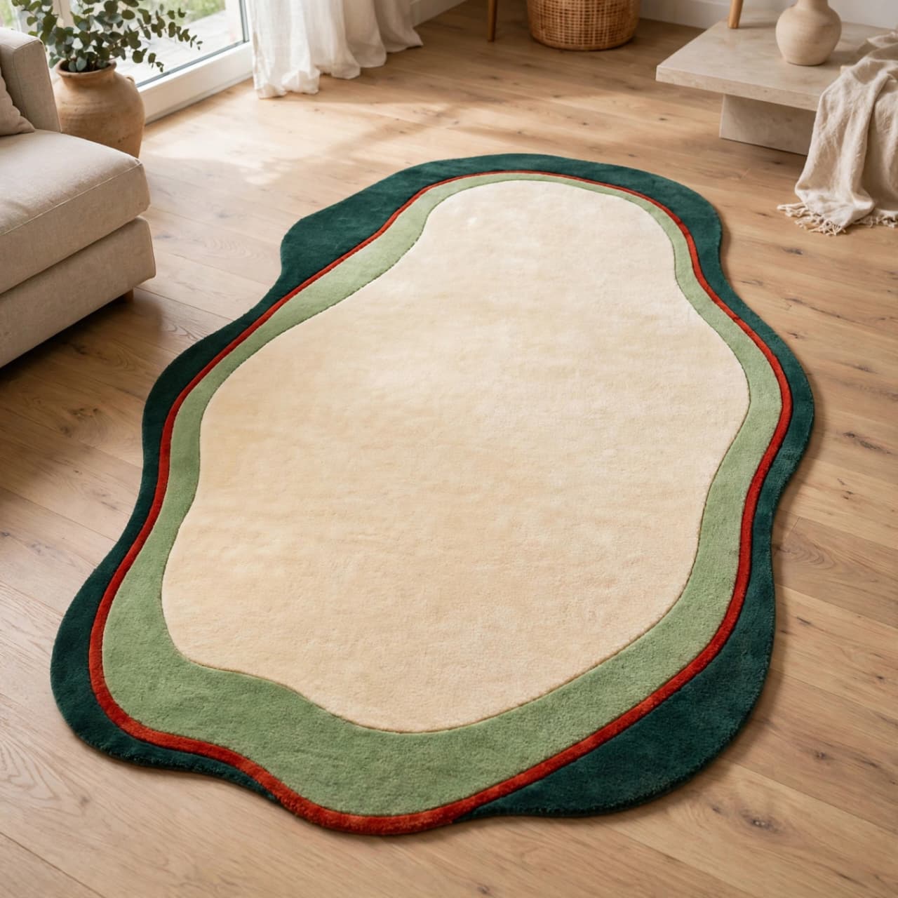 Organic Shape Hand-Tufted Wool Rug - Beige, Green & Red | ZoraCarpet view 3