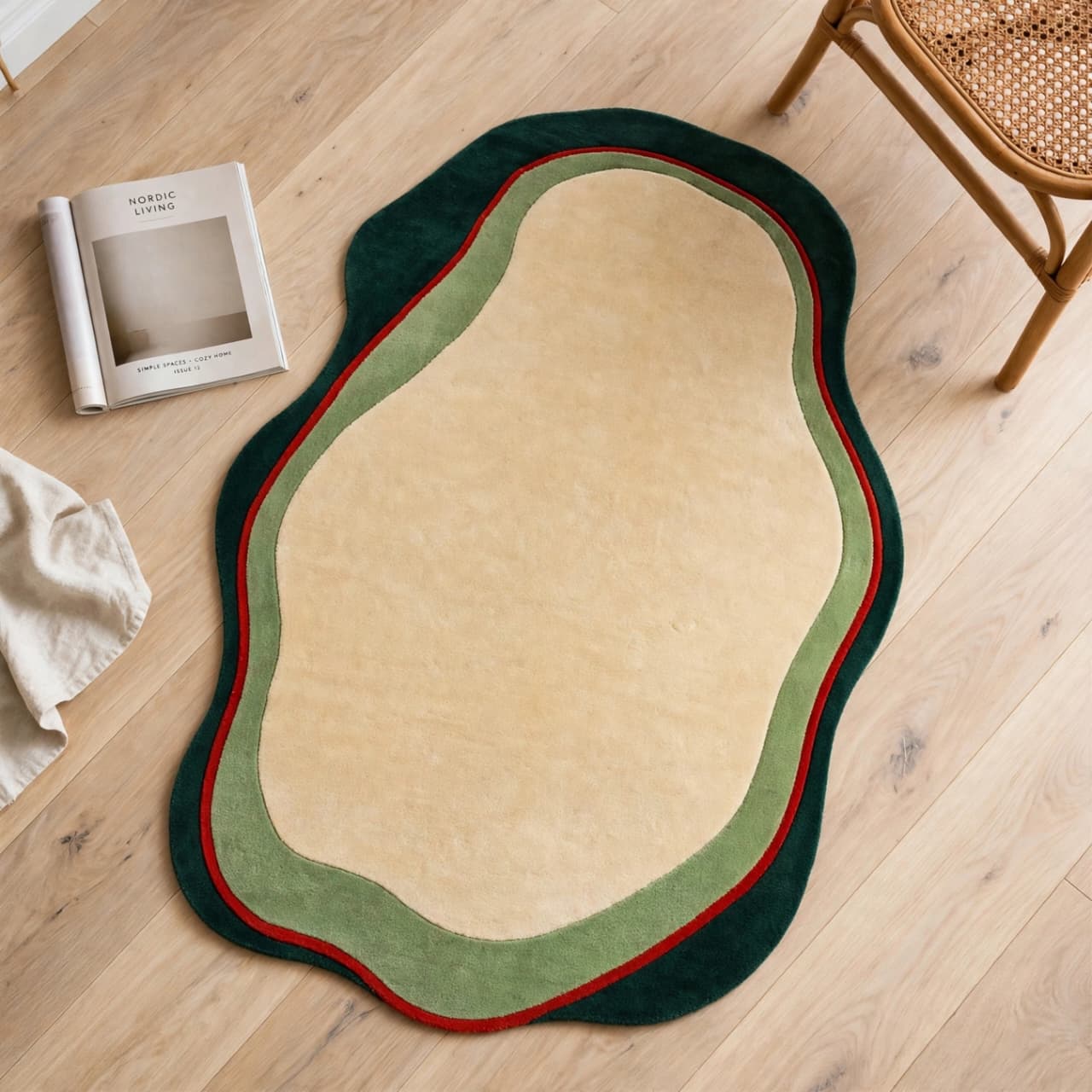 Organic Shape Hand-Tufted Wool Rug - Beige, Green & Red | ZoraCarpet view 4
