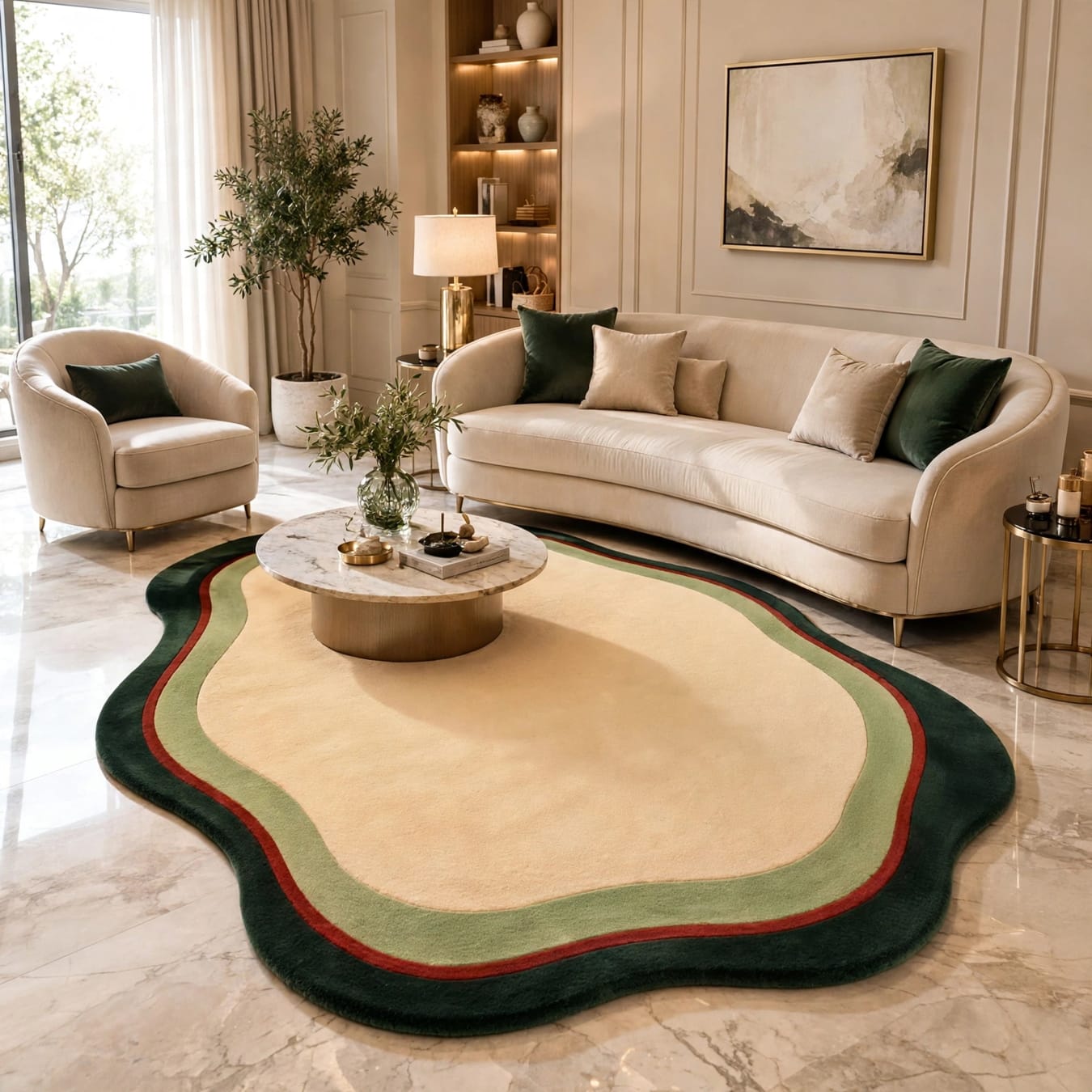 Organic Shape Hand-Tufted Wool Rug - Beige, Green & Red | ZoraCarpet view 2