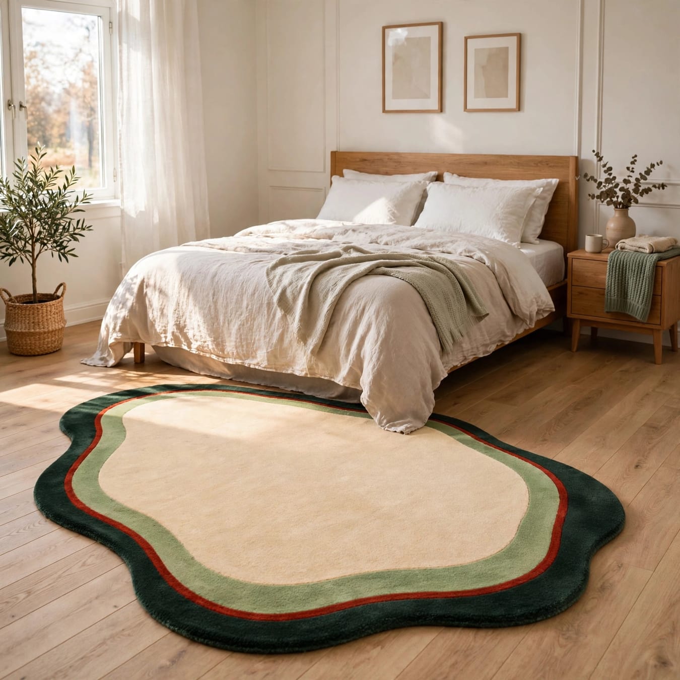 Organic Shape Hand-Tufted Wool Rug - Beige, Green & Red | ZoraCarpet view 5