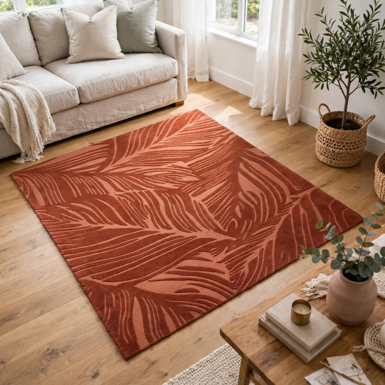 Rust Terracotta Palm Leaf Wool Rug | ZoraCarpet view 2