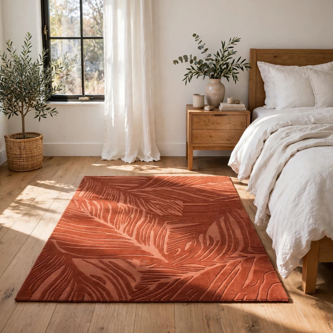 Rust Terracotta Palm Leaf Wool Rug | ZoraCarpet view 3