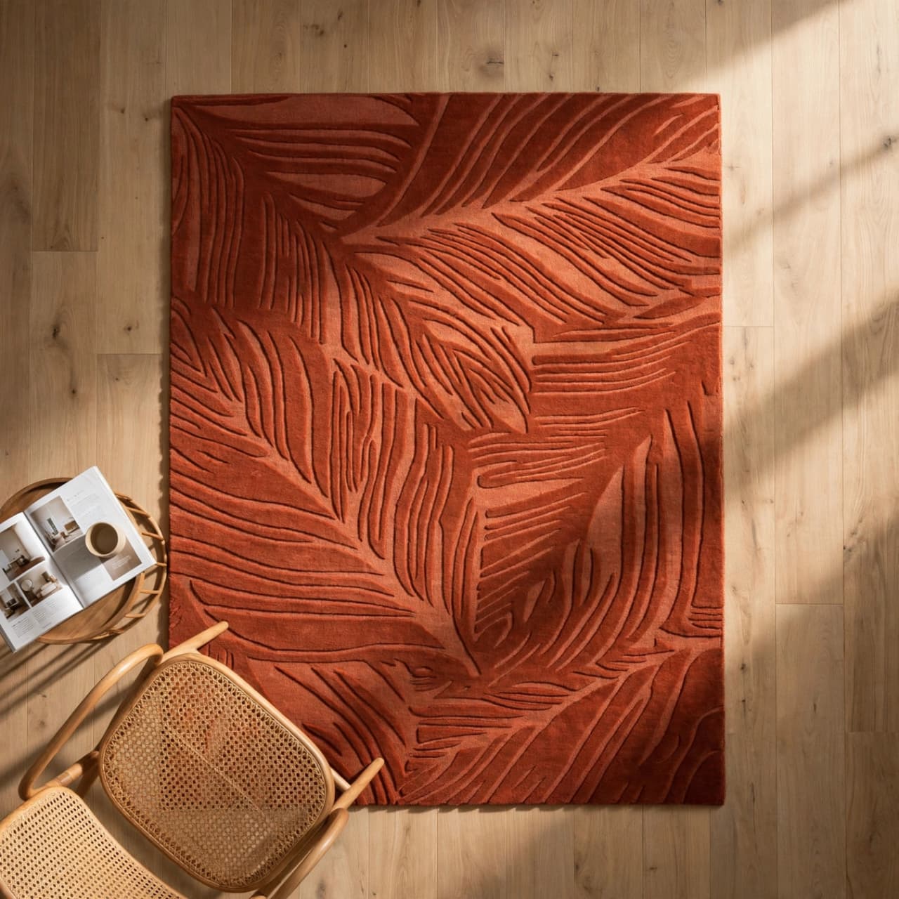 Rust Terracotta Palm Leaf Wool Rug | ZoraCarpet view 4