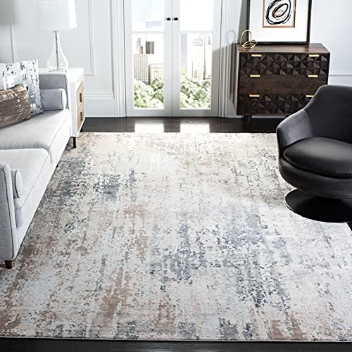 A softly patterned neutral area rug in a bright contemporary living room