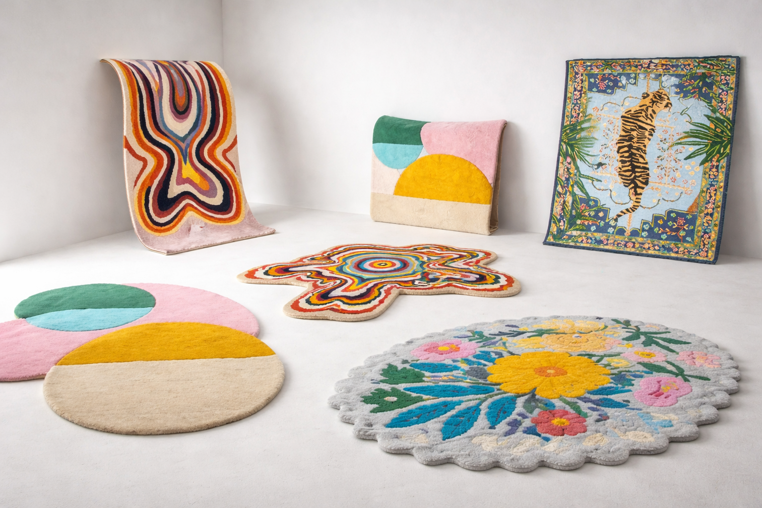 A joyful collection of colourful handmade rugs and wall pieces in a studio